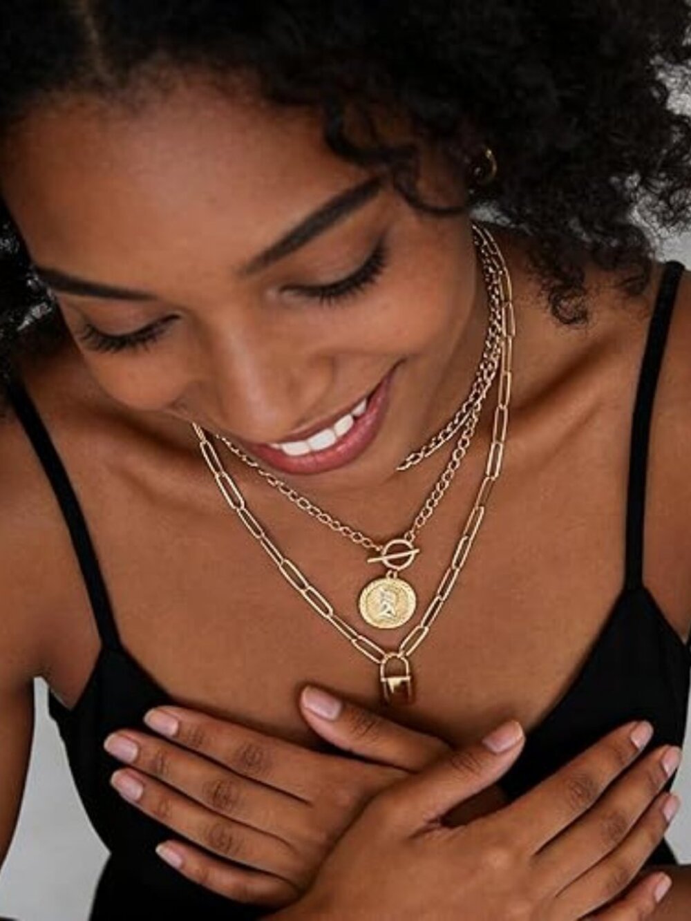 Vintage Gold Layered Necklace Set for Women | Chunky Cuban Link Paperclip Chain - Picture 4 of 6